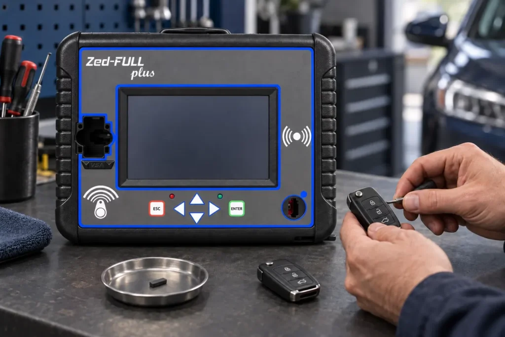 Automotive locksmith equipment: preparing a key with Zed-FULL plus
